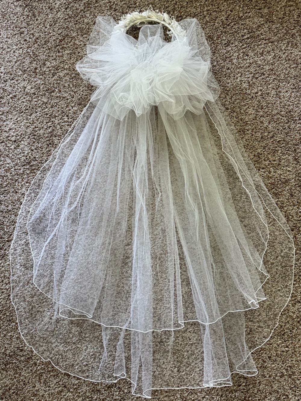 Vintage 80s 90s Bridal Veil Pearl Floral Halo Headpiece Two Tier Wedding 34.5”